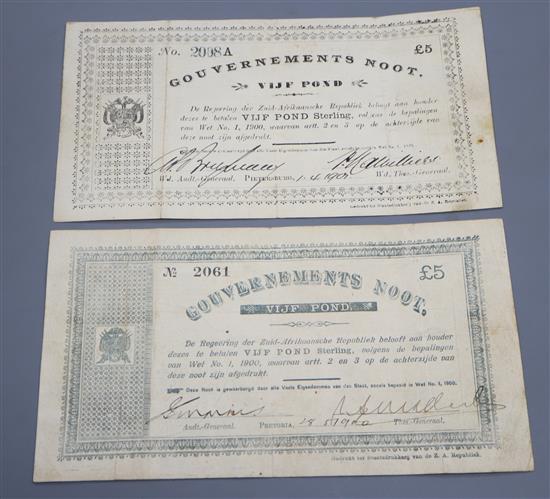 Anglo-Boer war: Two Gouvernements Noot Vijf pond Z.A.R. five pound notes No. 2061 and No. 2008A (28/5/1900 & 1/4/1901), folds